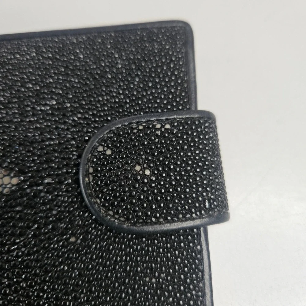 Infinity Genuine Stingray Skin Bifold Wallet Black Exotic Leather Kiss Lock Coin